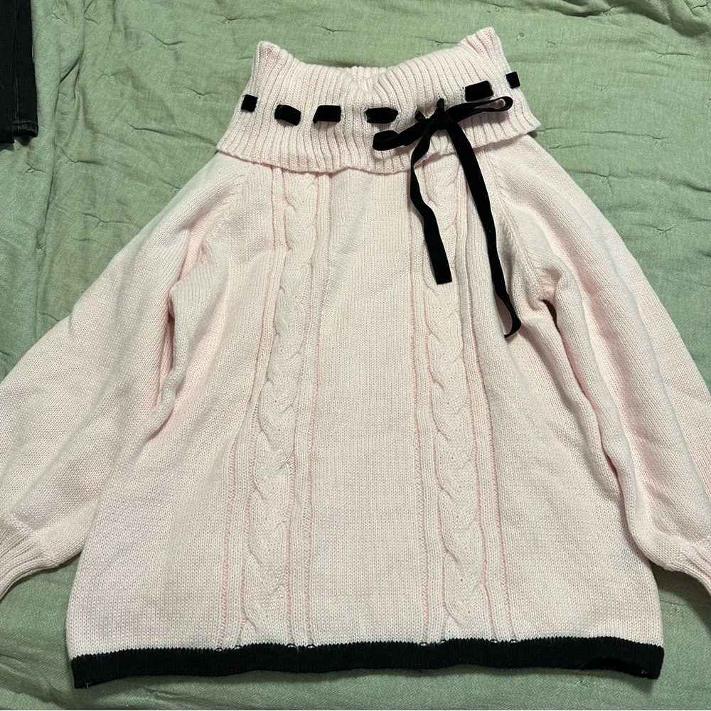 Pink Off Shoulder Sweater with Black Bow